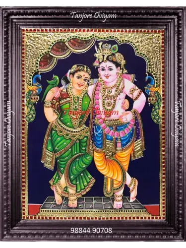 Radha Krishna couple Tanjore painting standing pose gold foil traditional couple artwork
